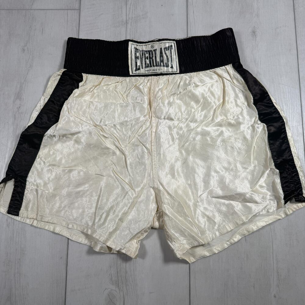 VTG Everlast Boxing Trunks Black Ivory Large Satin Shorts Made USA Collectible